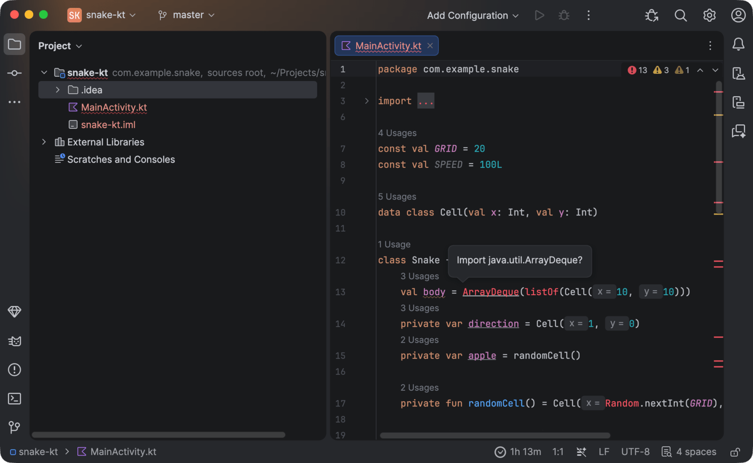 Android Studio with a project open and the WakaTime time in the status bar