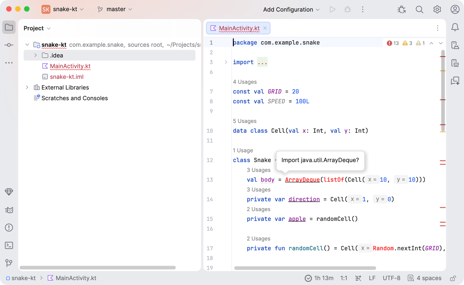 Android Studio with a project open and the WakaTime time in the status bar
