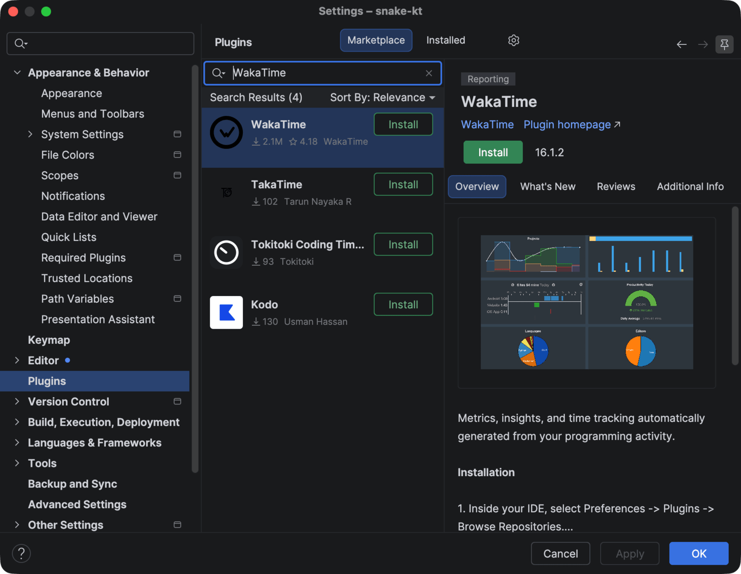 Android Studio Settings on the Plugins Marketplace tab with WakaTime in the search results