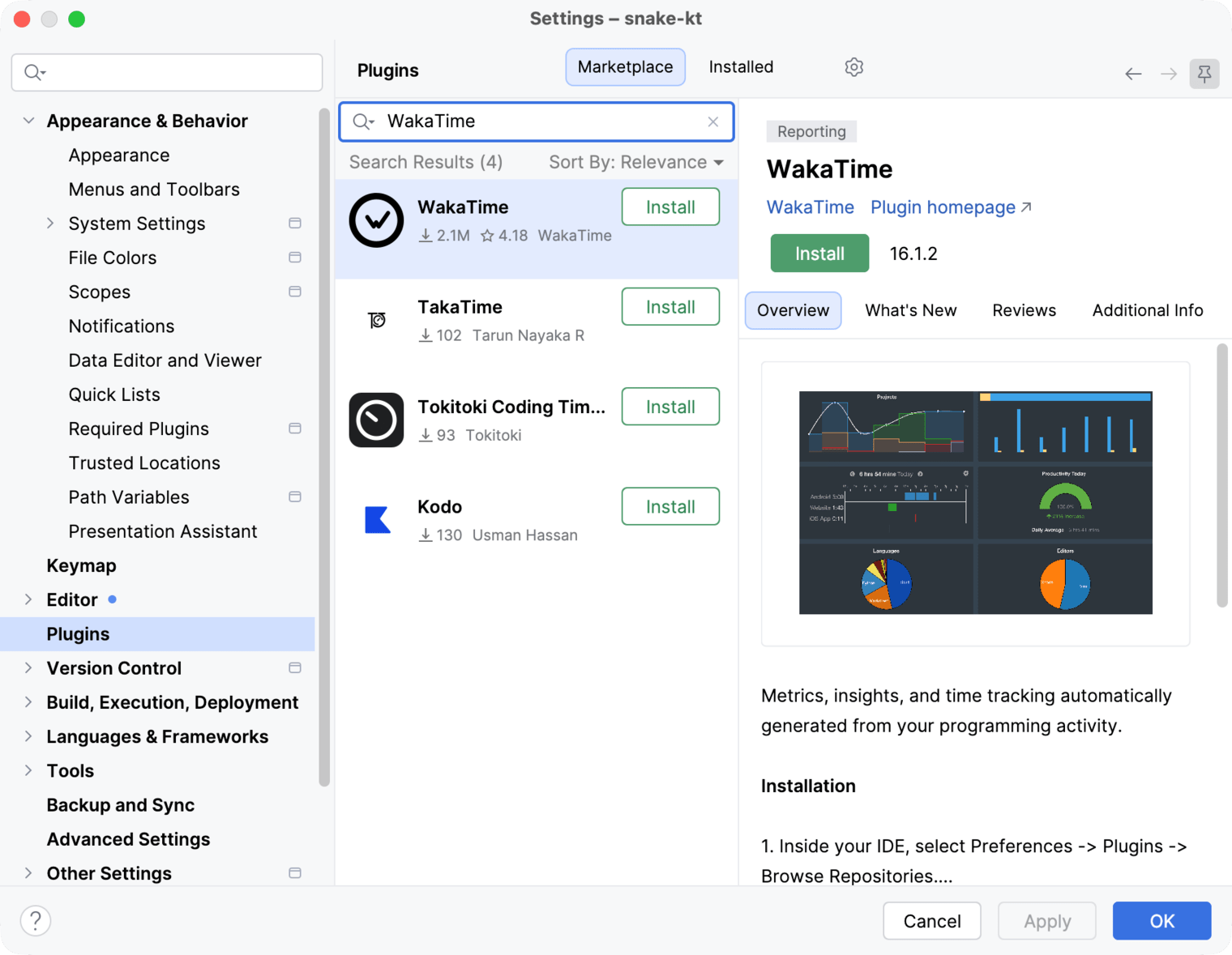Android Studio Settings on the Plugins Marketplace tab with WakaTime in the search results