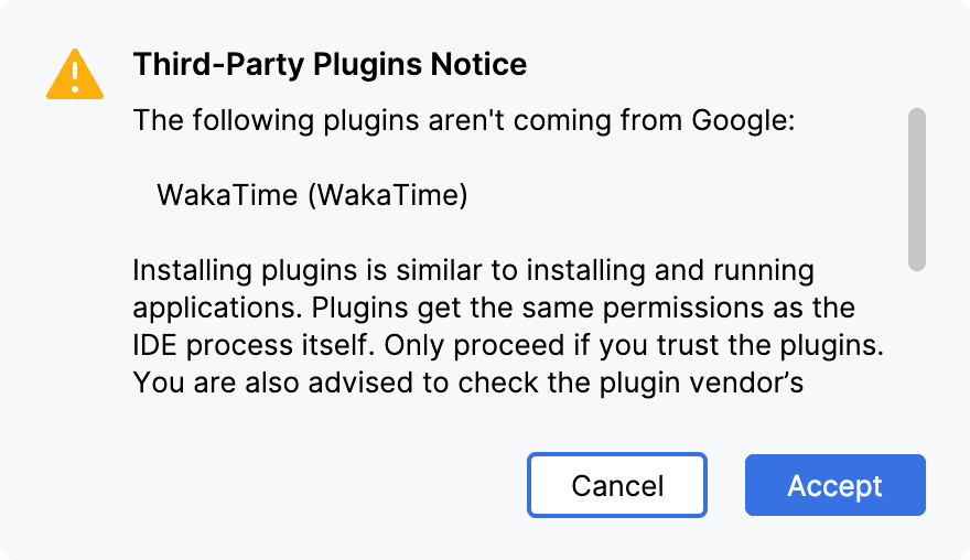 Third-Party Plugins Notice dialog listing WakaTime