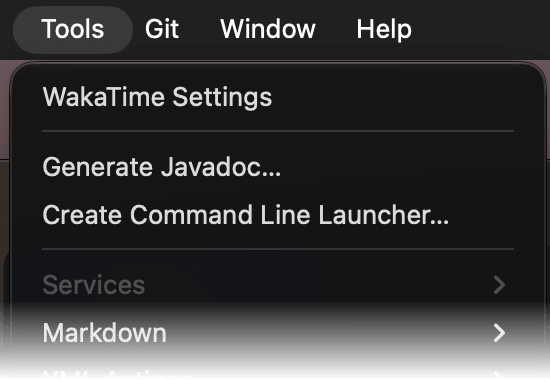 Android Studio Tools menu with WakaTime Settings at the top