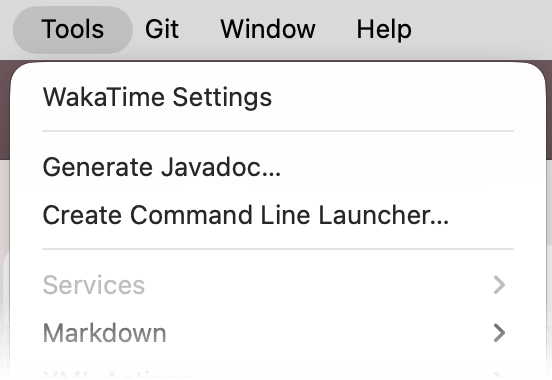 Android Studio Tools menu with WakaTime Settings at the top