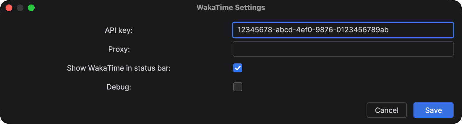 WakaTime Settings dialog with the API key field
