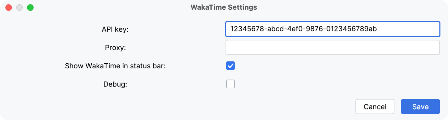 WakaTime Settings dialog with the API key field