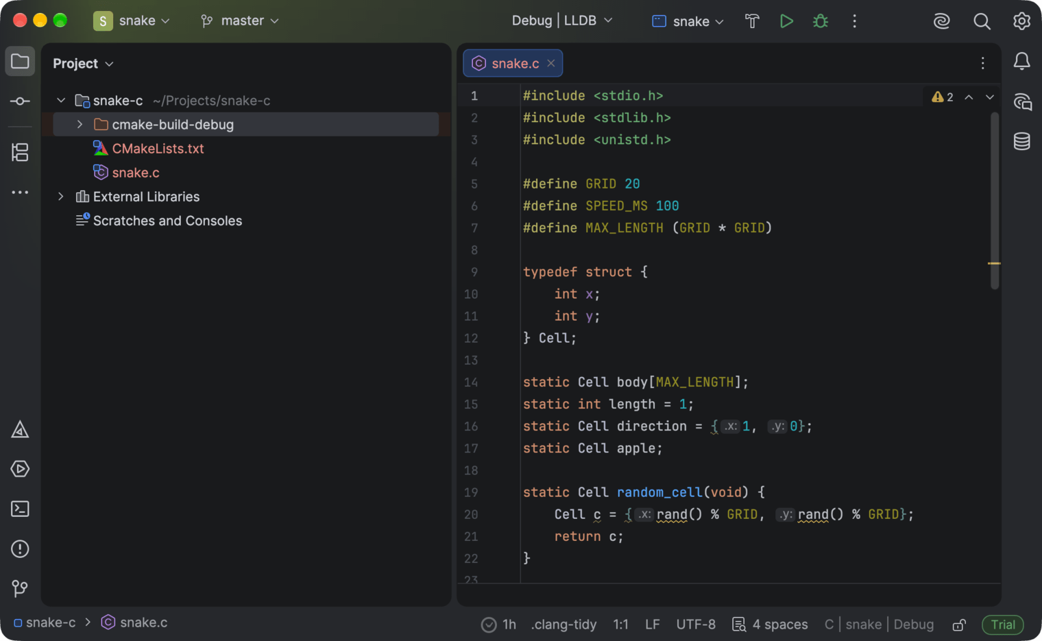 CLion with a project open and the WakaTime time in the status bar