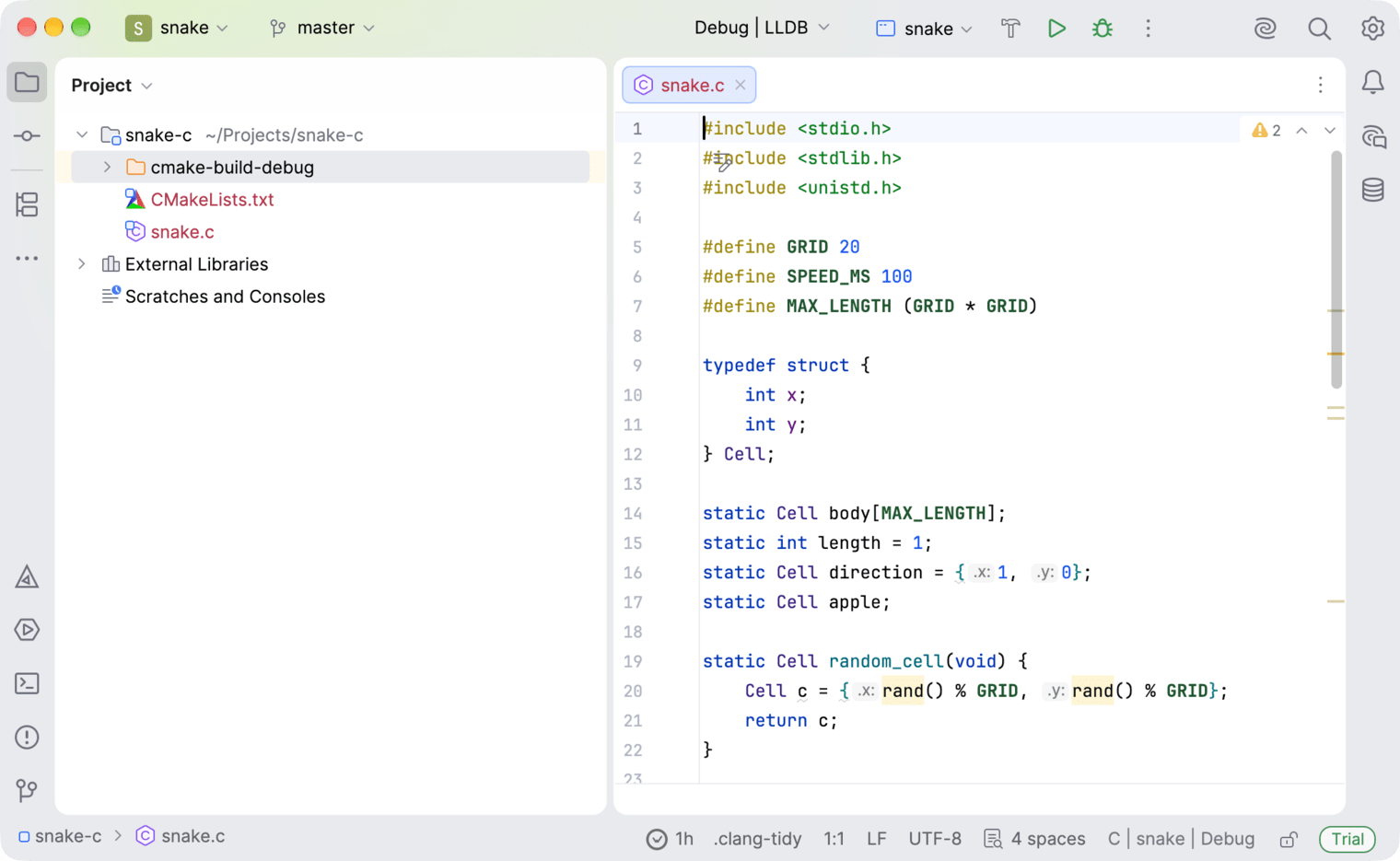 CLion with a project open and the WakaTime time in the status bar