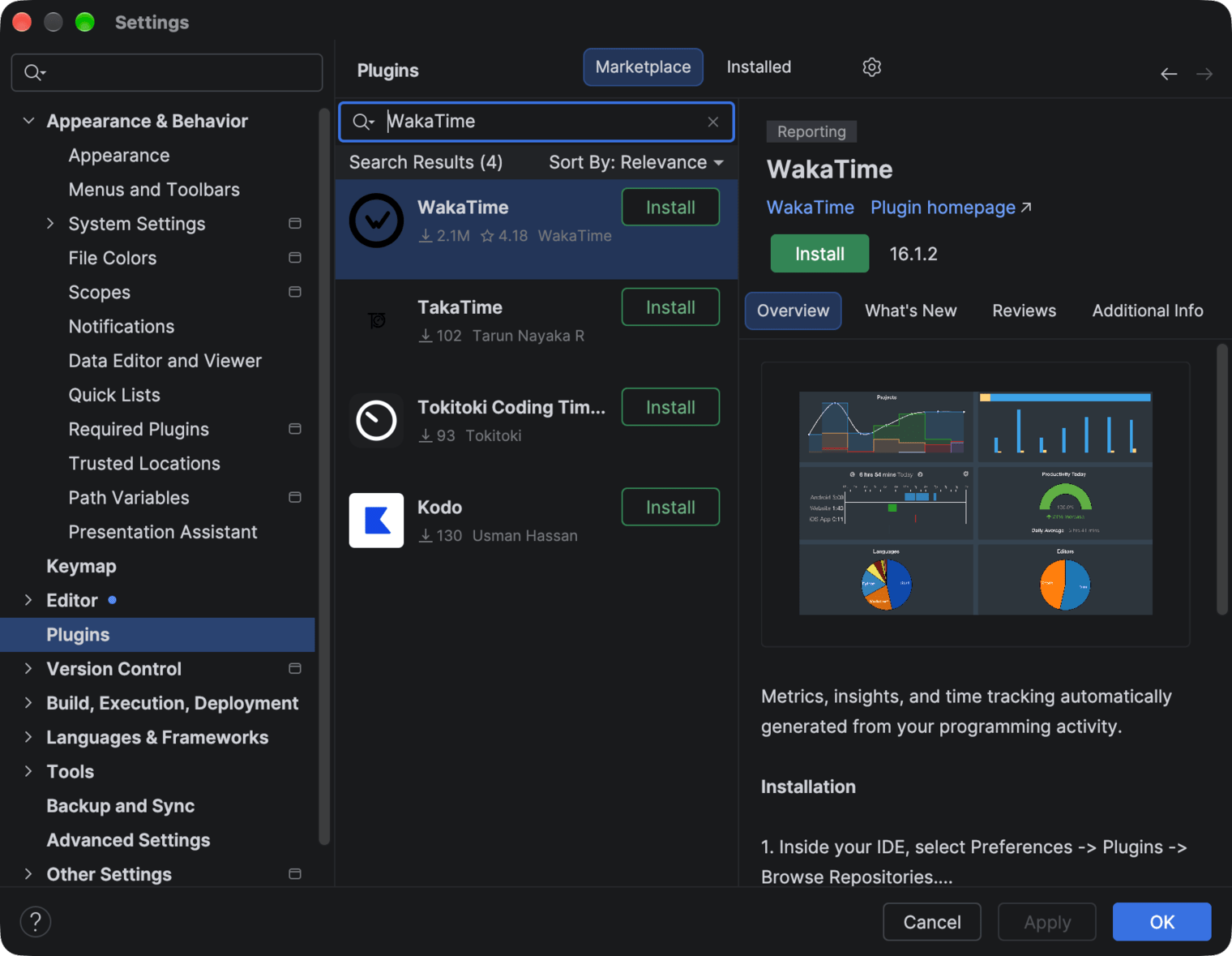 CLion Settings on the Plugins Marketplace tab with WakaTime in the search results