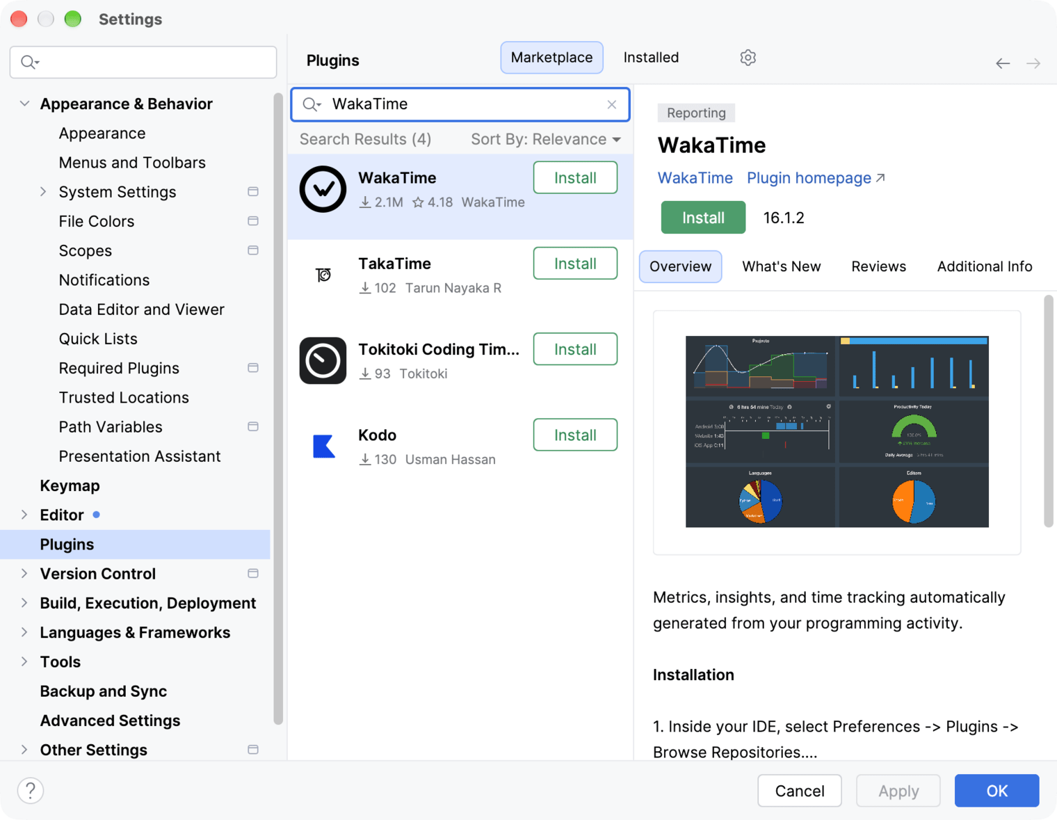 CLion Settings on the Plugins Marketplace tab with WakaTime in the search results