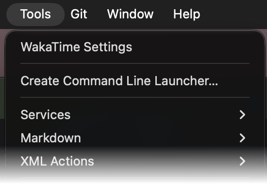 CLion Tools menu with WakaTime Settings at the top