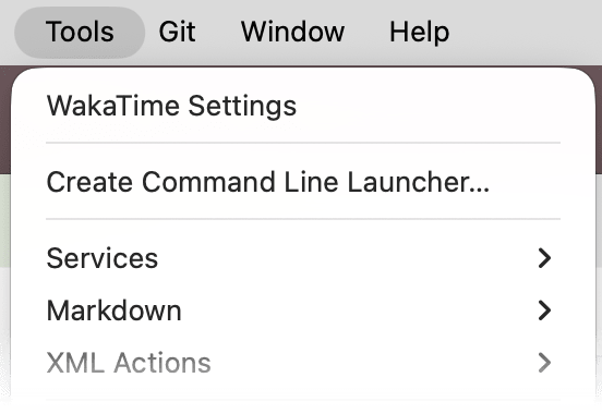 CLion Tools menu with WakaTime Settings at the top