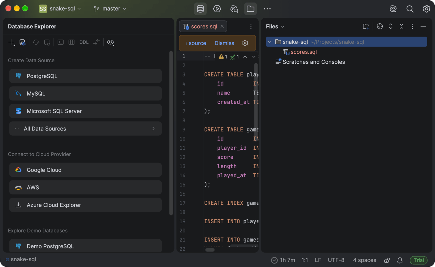 DataGrip with a project open and the WakaTime time in the status bar