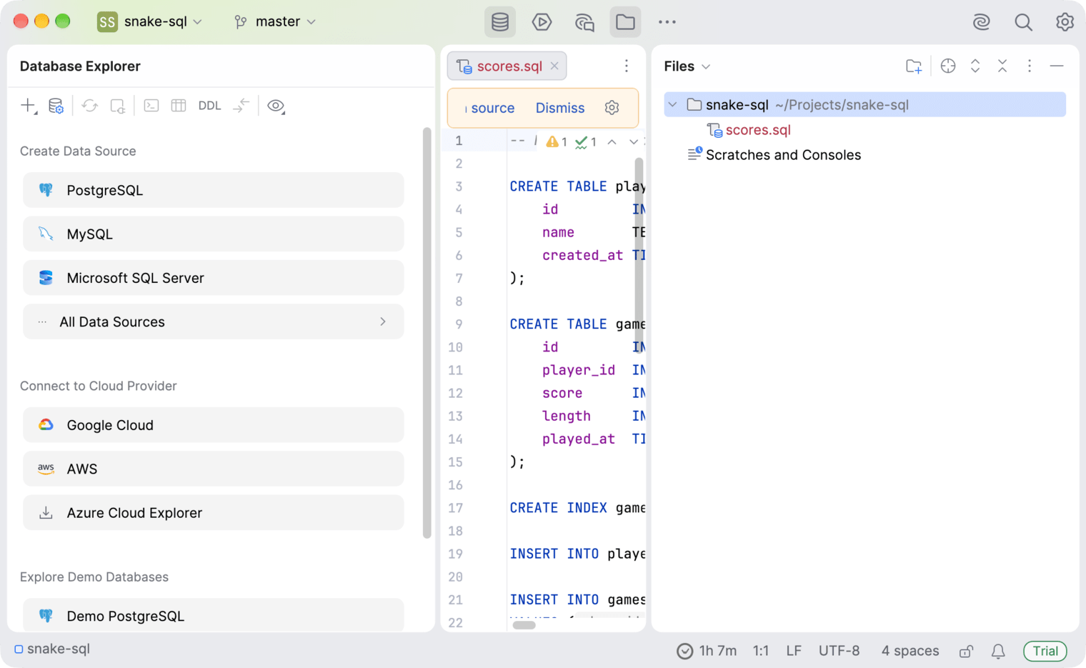 DataGrip with a project open and the WakaTime time in the status bar
