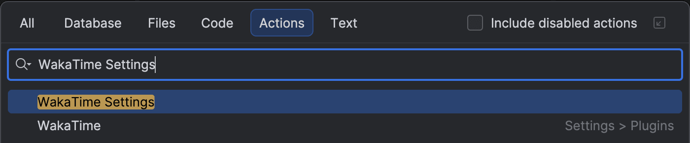 DataGrip Find Action popup with WakaTime Settings selected