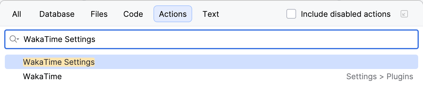 DataGrip Find Action popup with WakaTime Settings selected