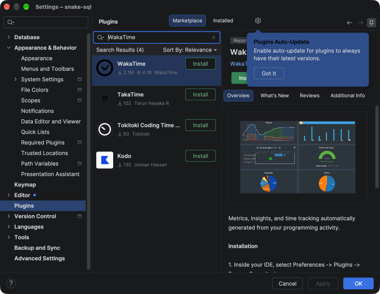 DataGrip Settings on the Plugins Marketplace tab with WakaTime in the search results