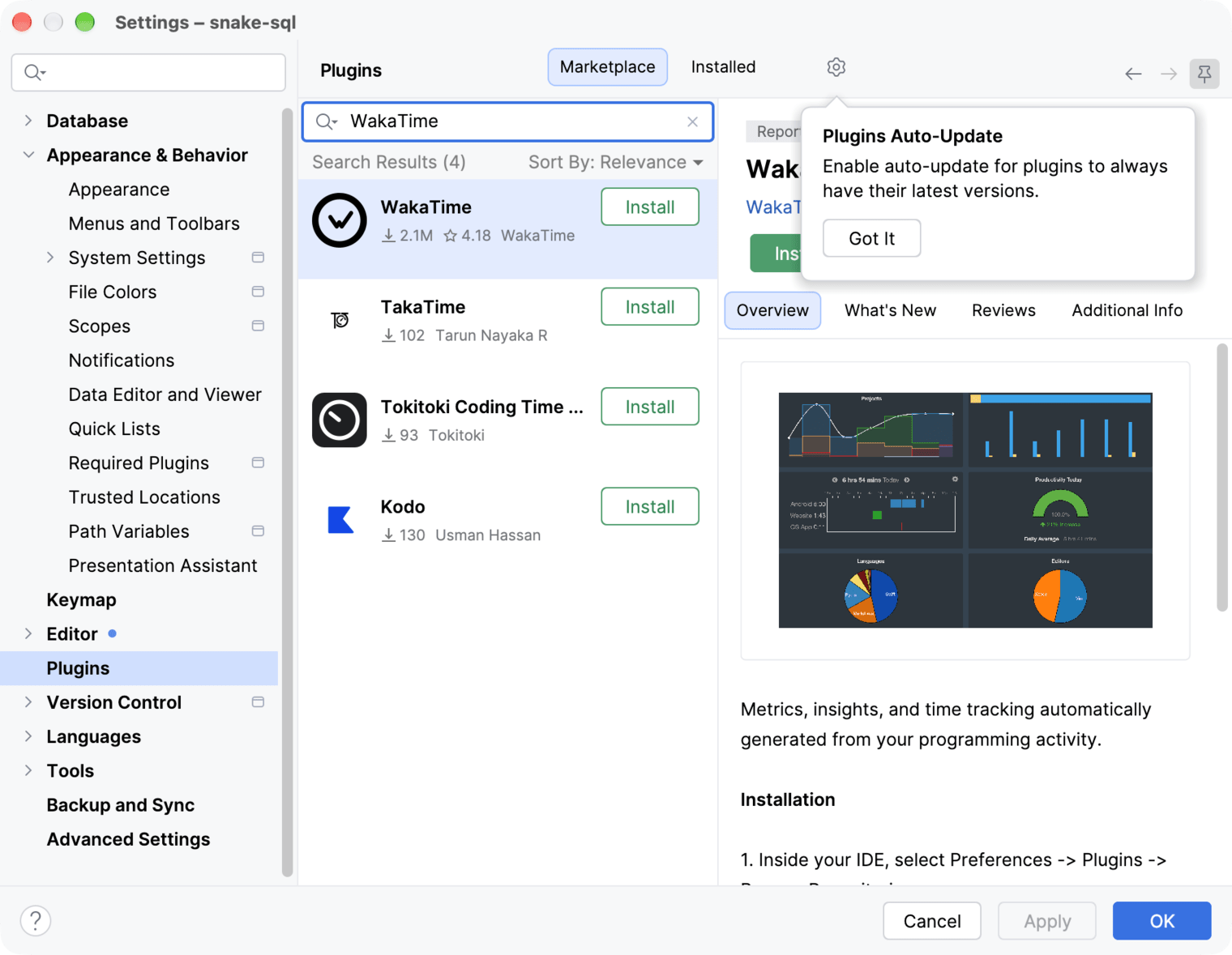 DataGrip Settings on the Plugins Marketplace tab with WakaTime in the search results