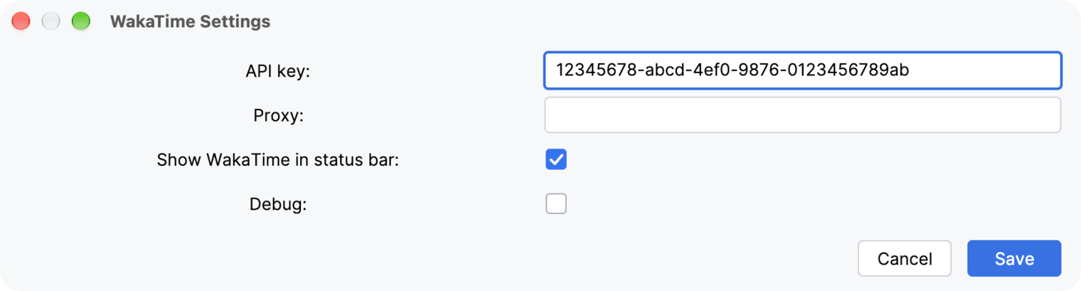 WakaTime Settings dialog with the API key field