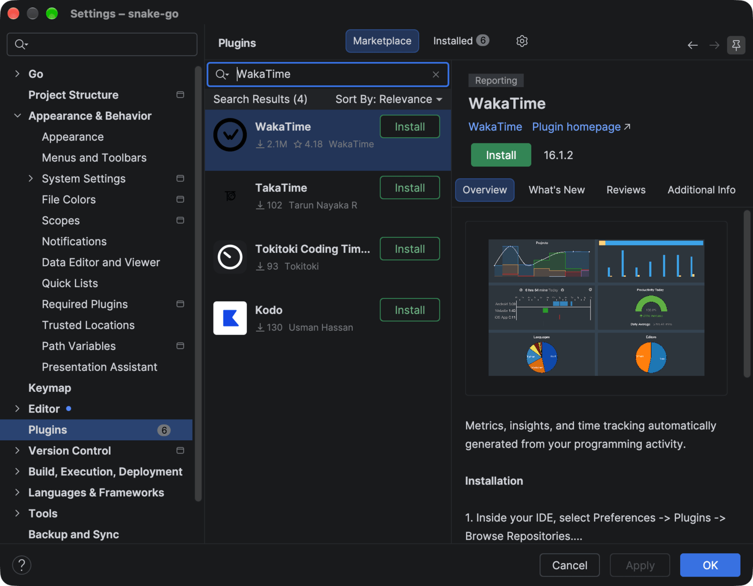 GoLand Settings on the Plugins Marketplace tab with WakaTime in the search results