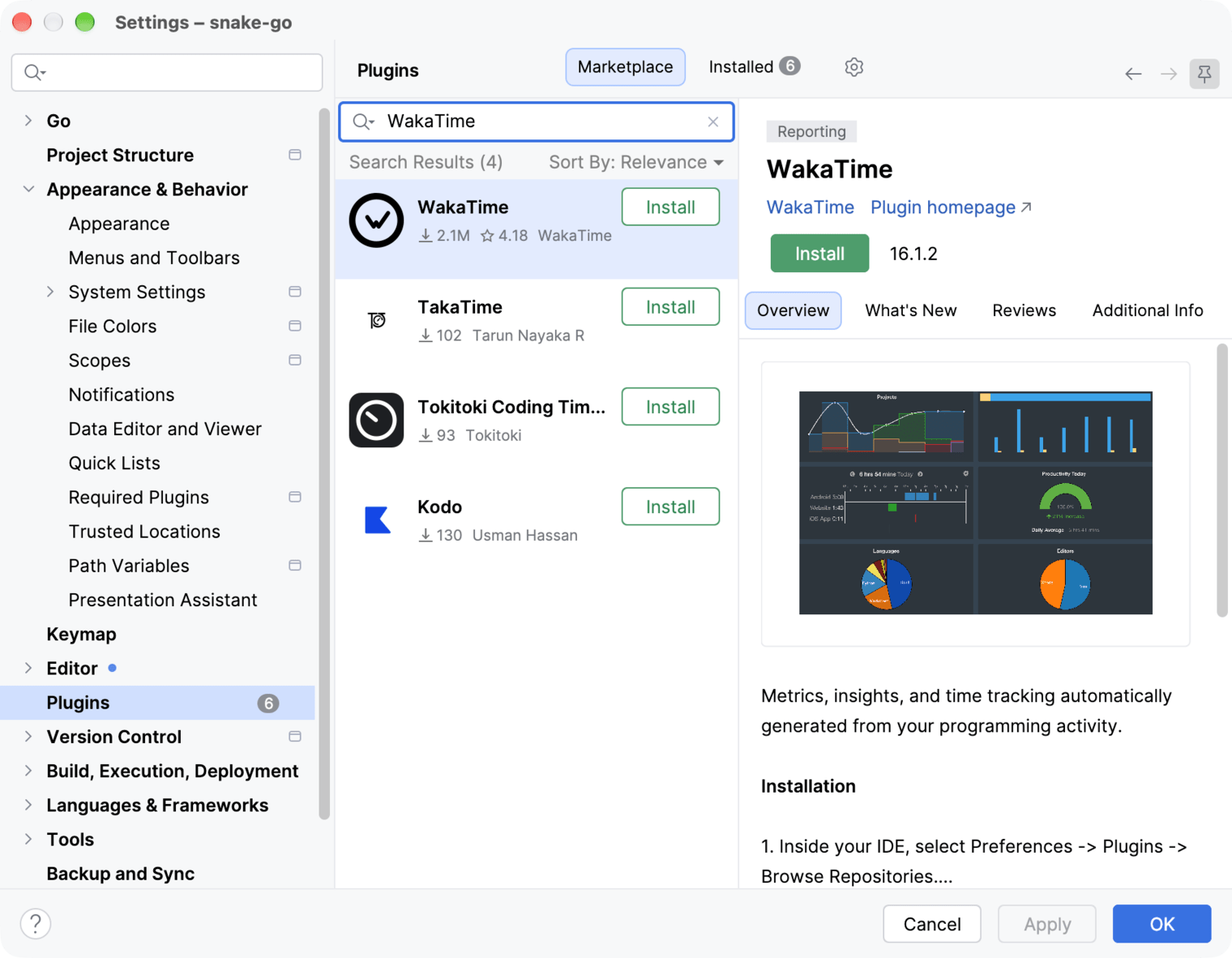 GoLand Settings on the Plugins Marketplace tab with WakaTime in the search results