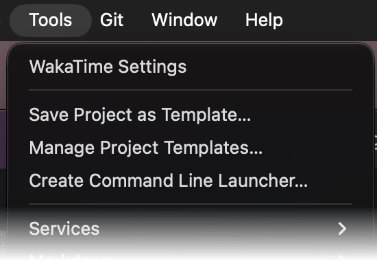 GoLand Tools menu with WakaTime Settings at the top