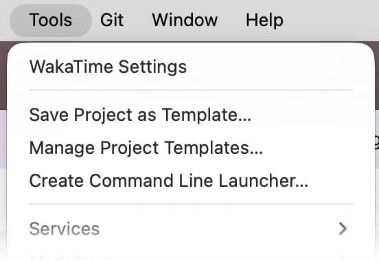GoLand Tools menu with WakaTime Settings at the top