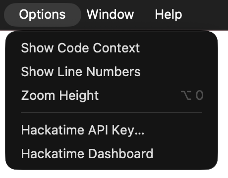 IDLE Options menu with the Hackatime API Key and Hackatime Dashboard items