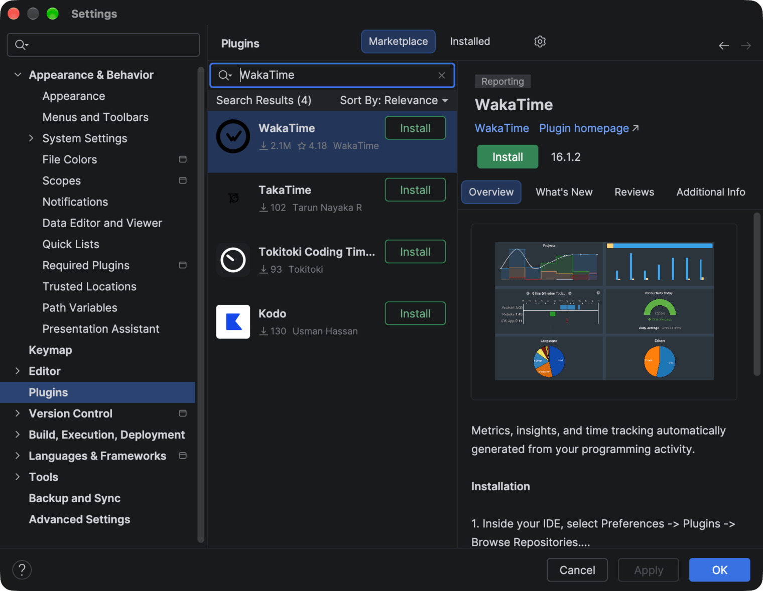 MPS Settings on the Plugins Marketplace tab with WakaTime in the search results