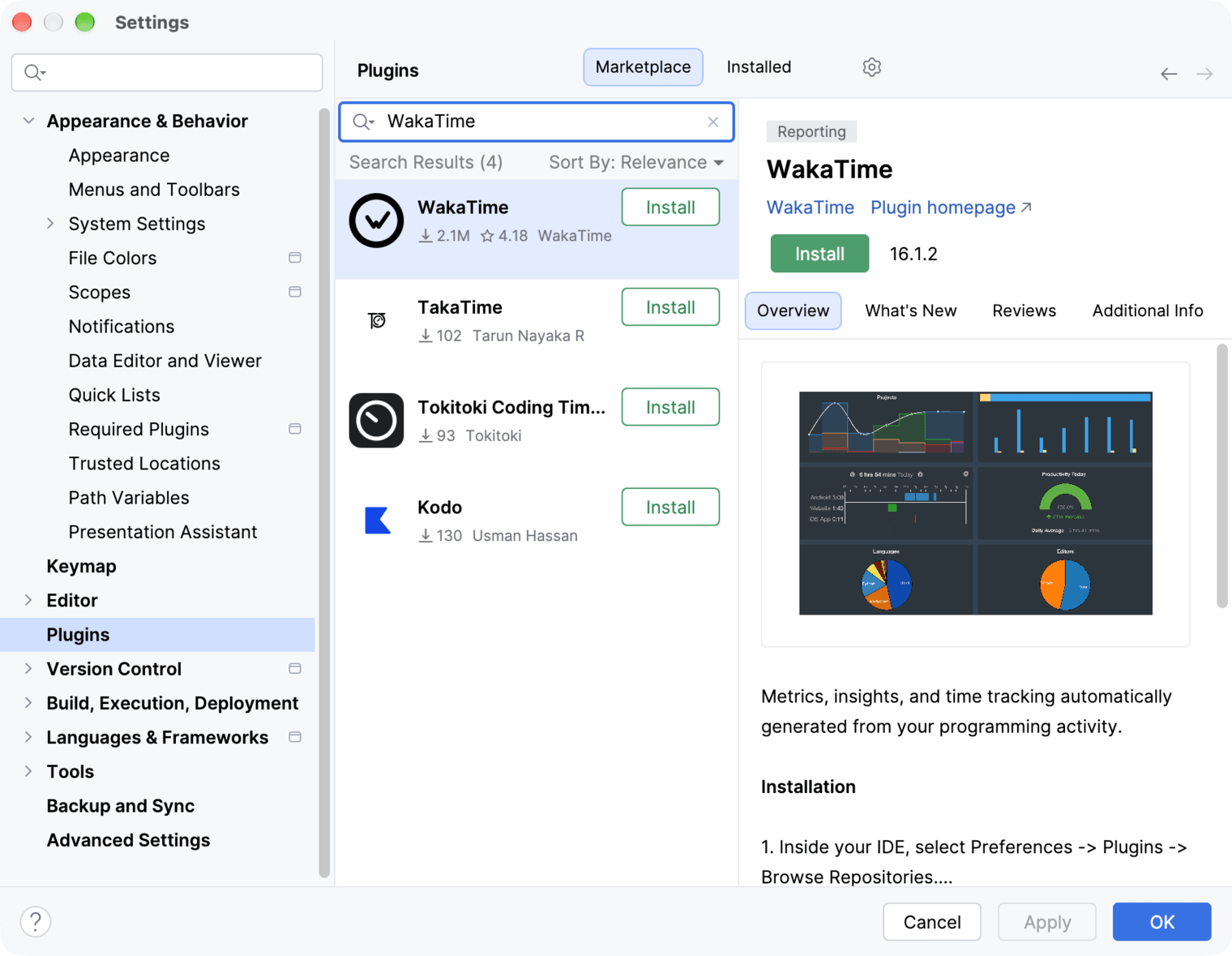 MPS Settings on the Plugins Marketplace tab with WakaTime in the search results