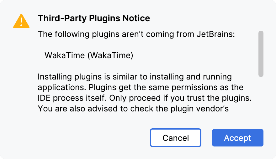 Third-Party Plugins Notice dialog listing WakaTime