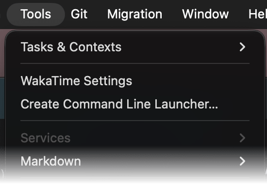 MPS Tools menu with WakaTime Settings at the top
