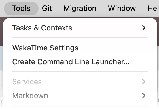 MPS Tools menu with WakaTime Settings at the top