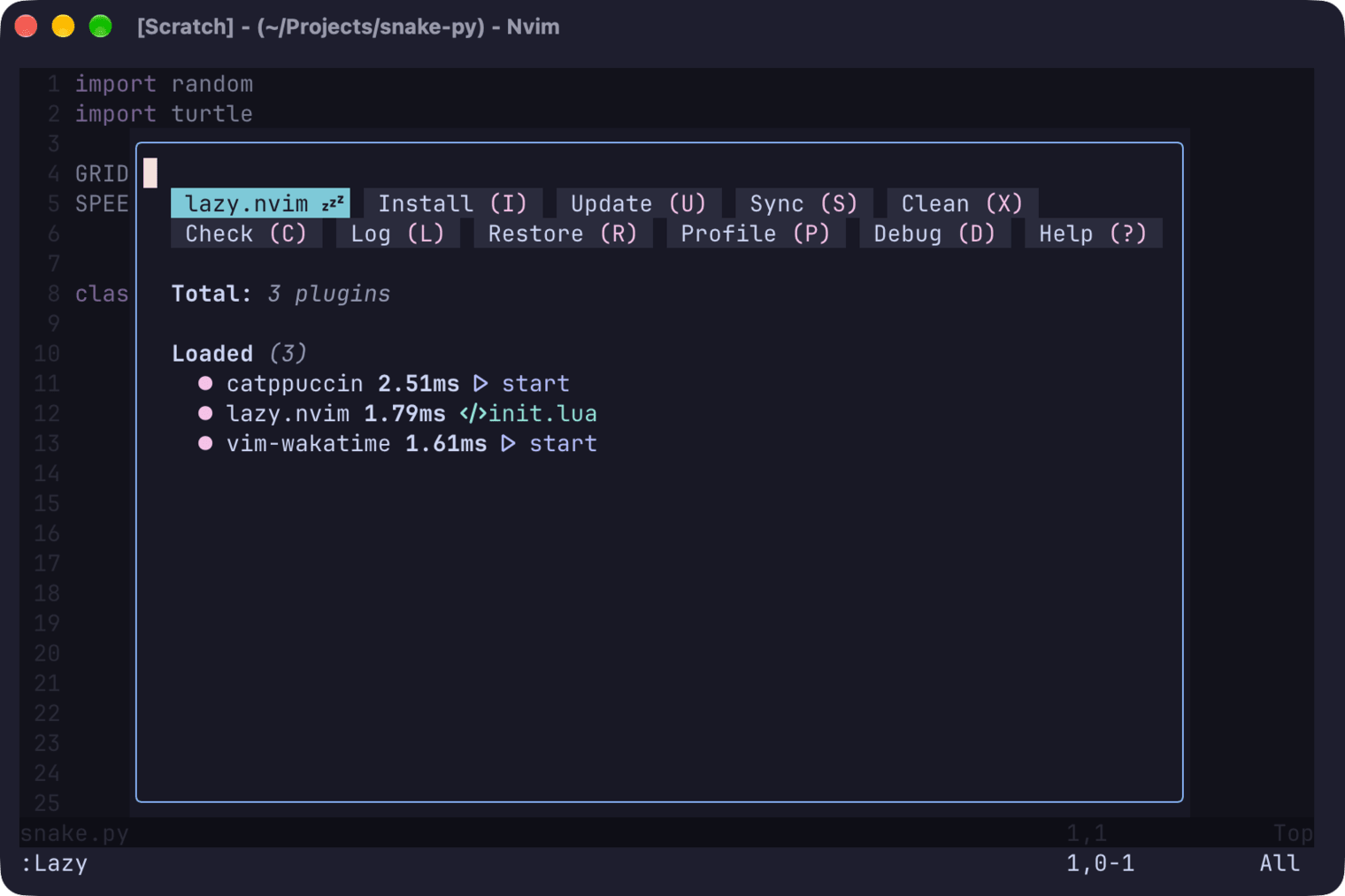 lazy.nvim window listing vim-wakatime as loaded