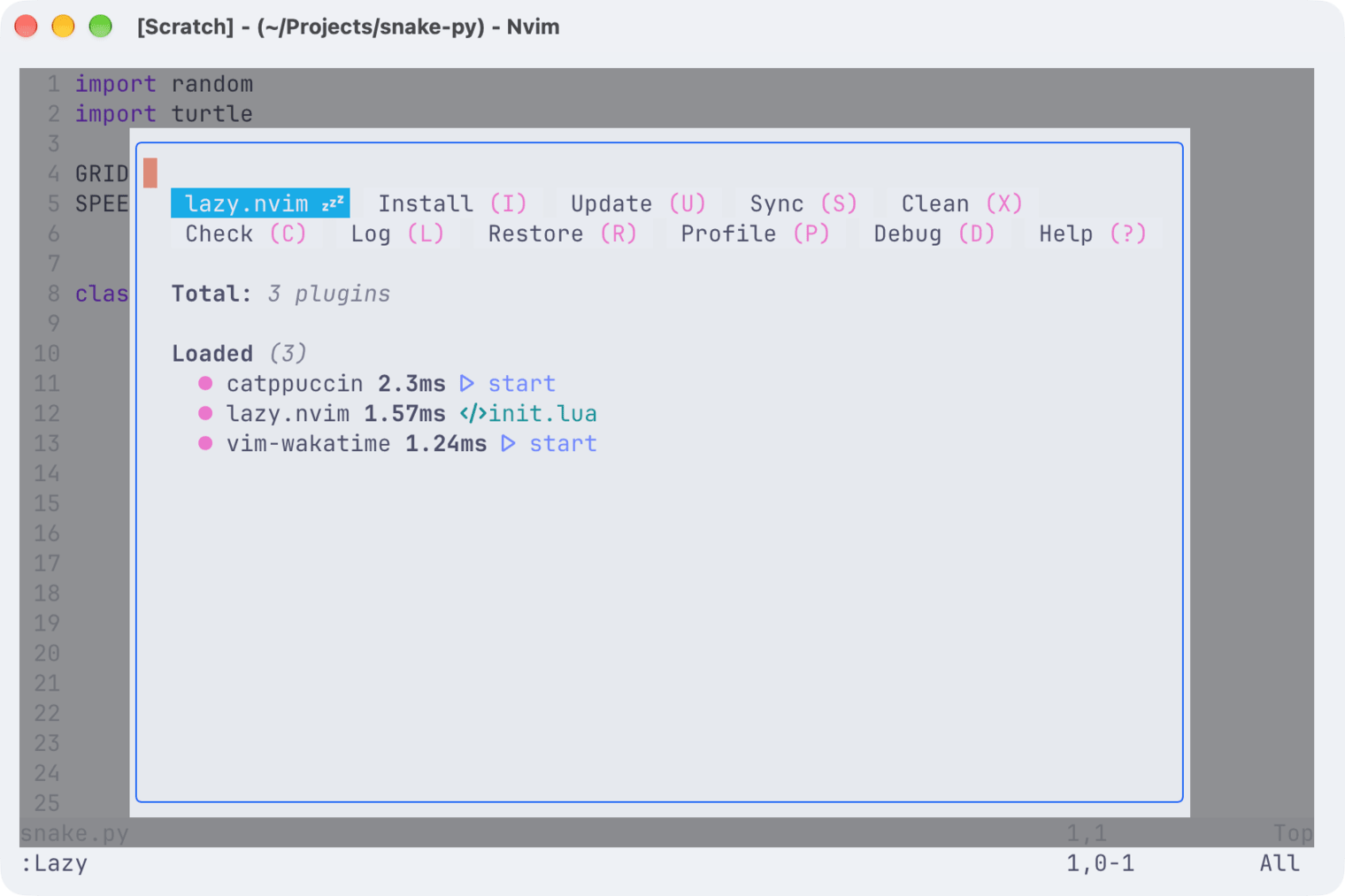 lazy.nvim window listing vim-wakatime as loaded