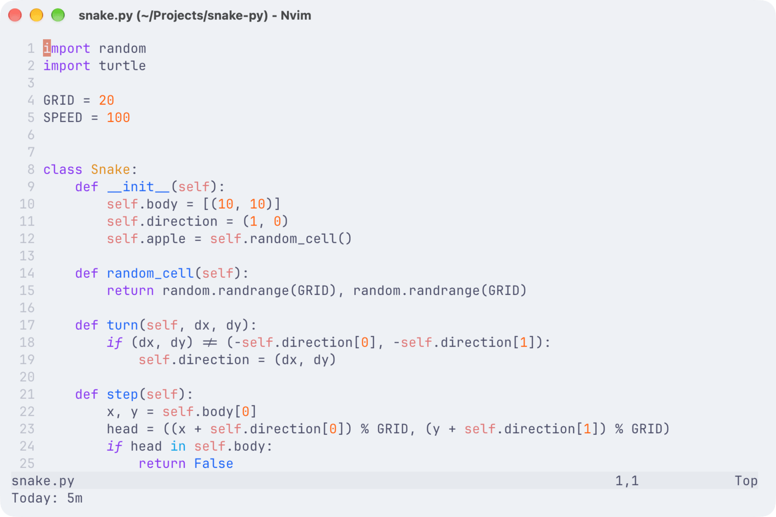 Neovim showing Today: 5m after running :WakaTimeToday