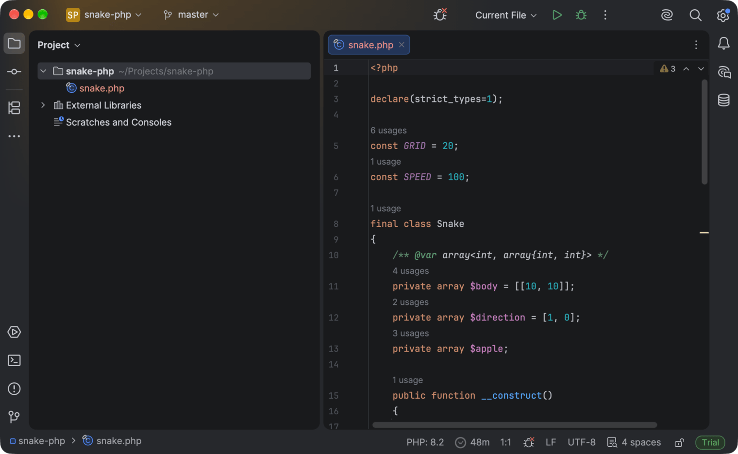 PhpStorm with a project open and the WakaTime time in the status bar
