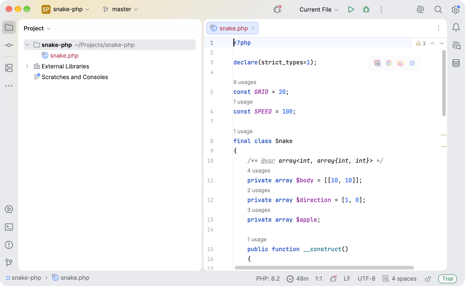 PhpStorm with a project open and the WakaTime time in the status bar