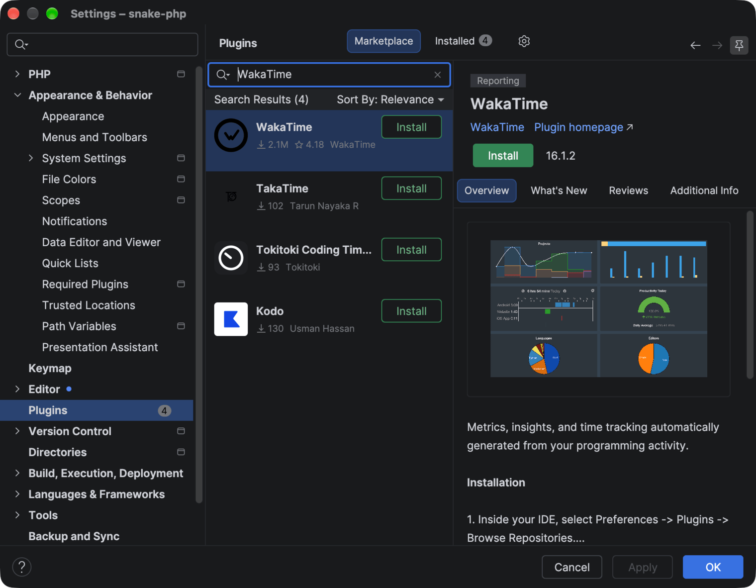 PhpStorm Settings on the Plugins Marketplace tab with WakaTime in the search results