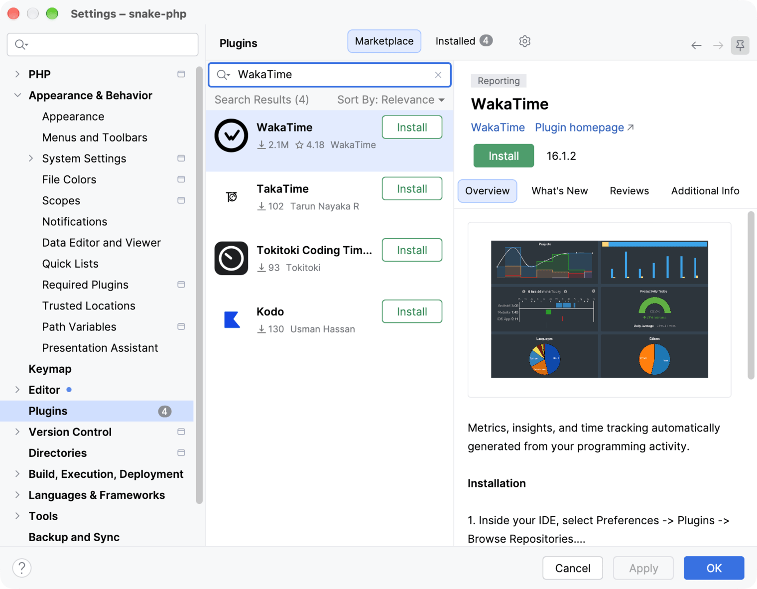 PhpStorm Settings on the Plugins Marketplace tab with WakaTime in the search results