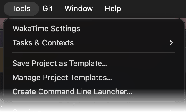 PhpStorm Tools menu with WakaTime Settings at the top