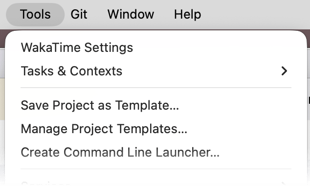 PhpStorm Tools menu with WakaTime Settings at the top