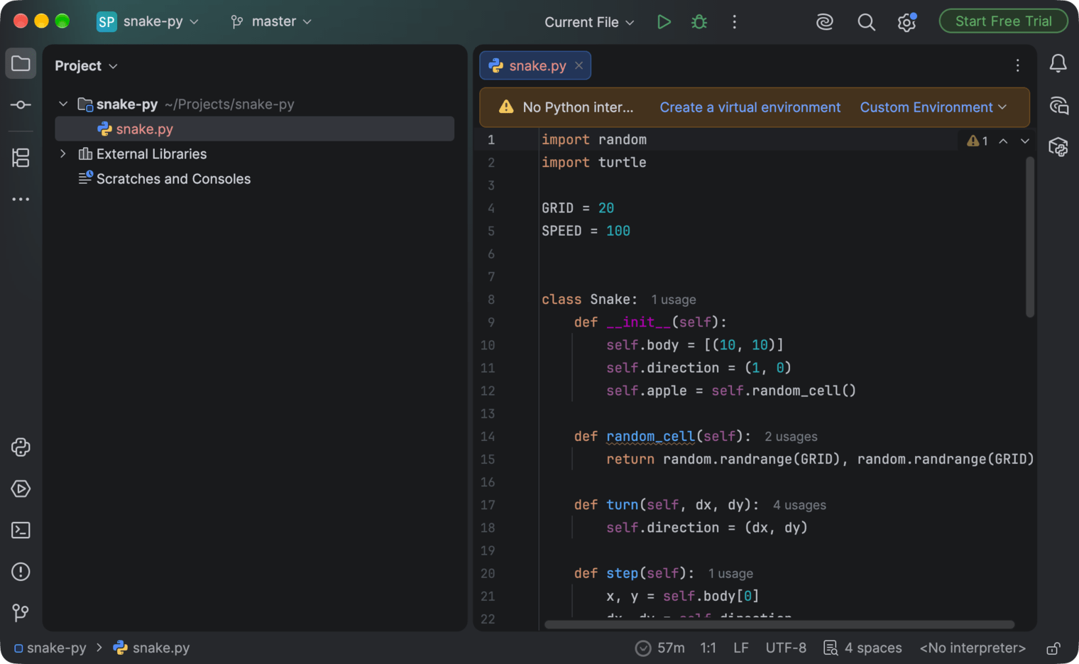 PyCharm with a project open and the WakaTime time in the status bar