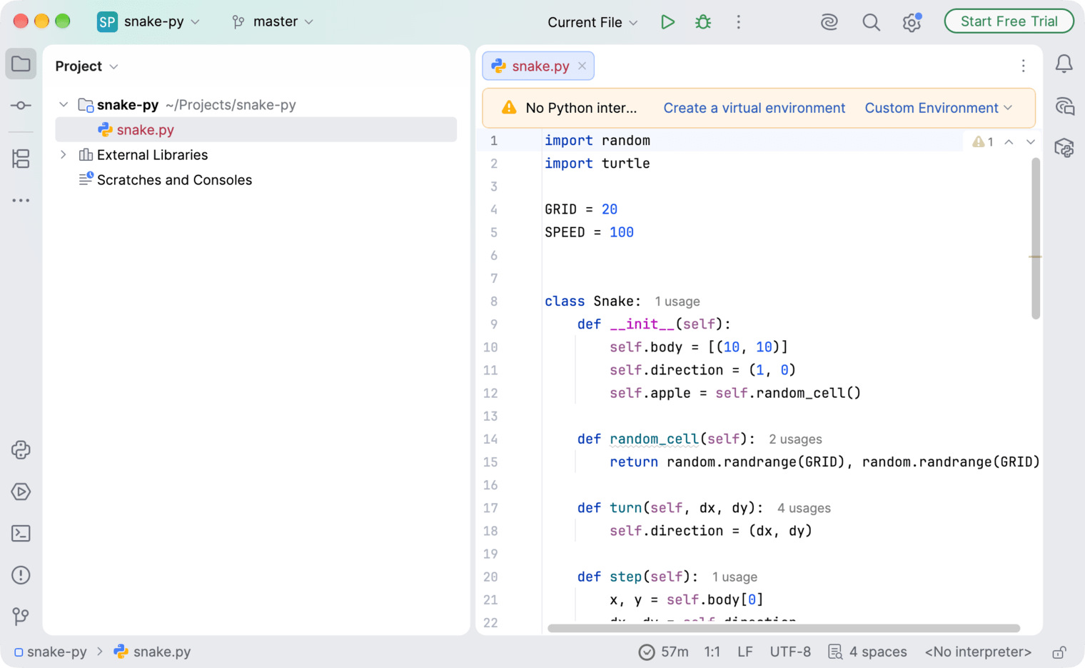 PyCharm with a project open and the WakaTime time in the status bar