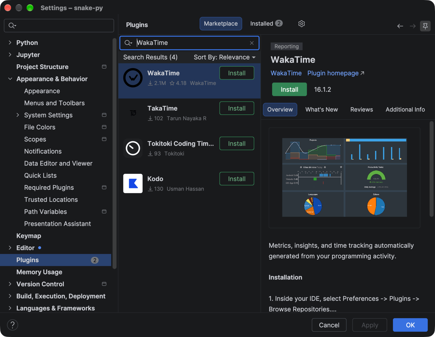 PyCharm Settings on the Plugins Marketplace tab with WakaTime in the search results