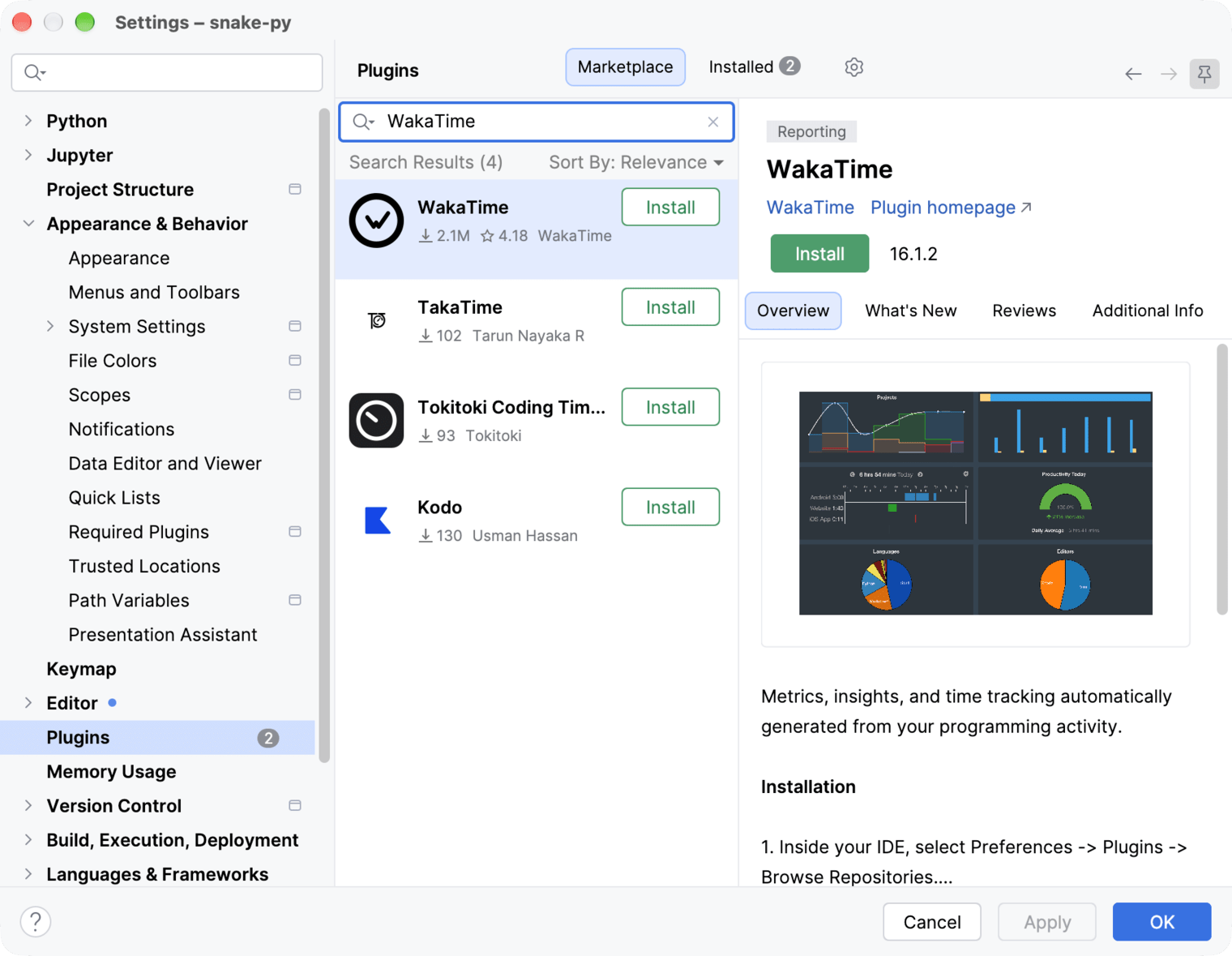PyCharm Settings on the Plugins Marketplace tab with WakaTime in the search results