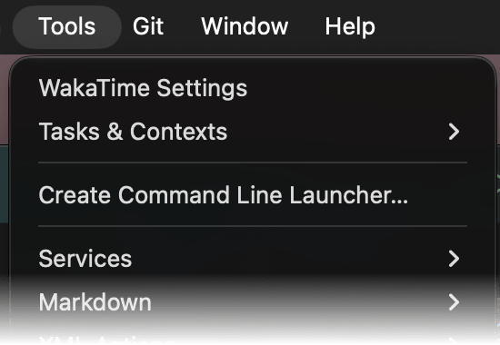 PyCharm Tools menu with WakaTime Settings at the top