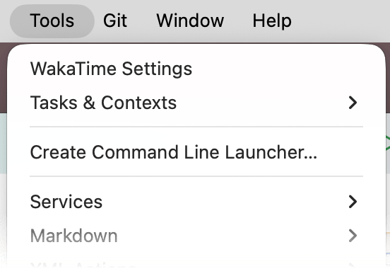 PyCharm Tools menu with WakaTime Settings at the top