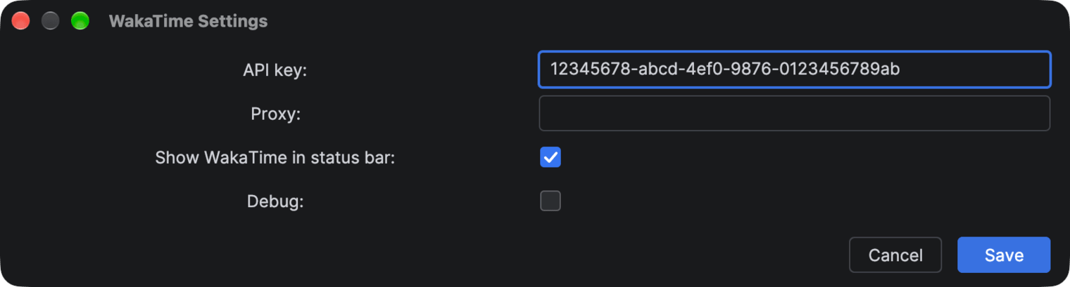 WakaTime Settings dialog with the API key field