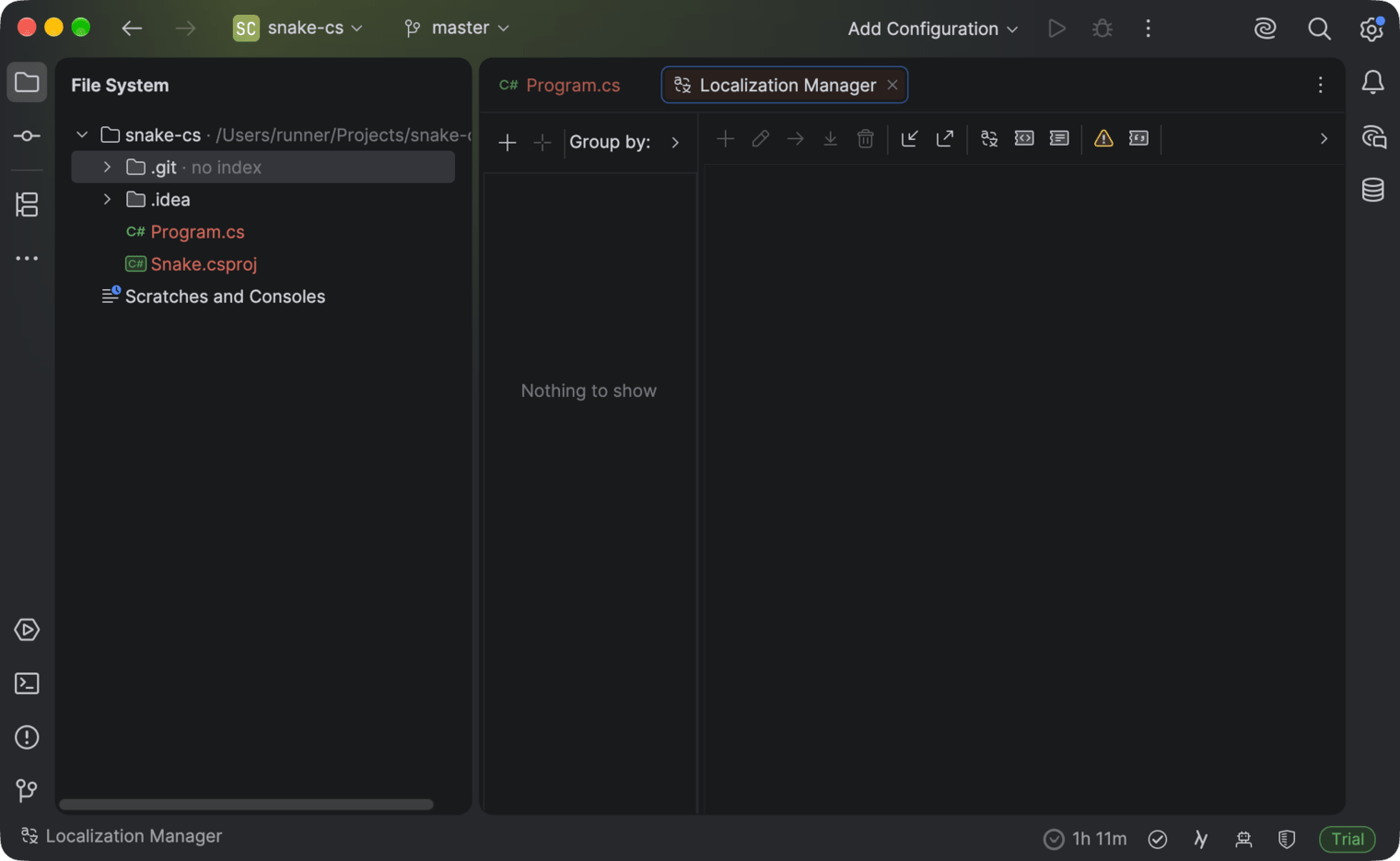 Rider with a project open and the WakaTime time in the status bar