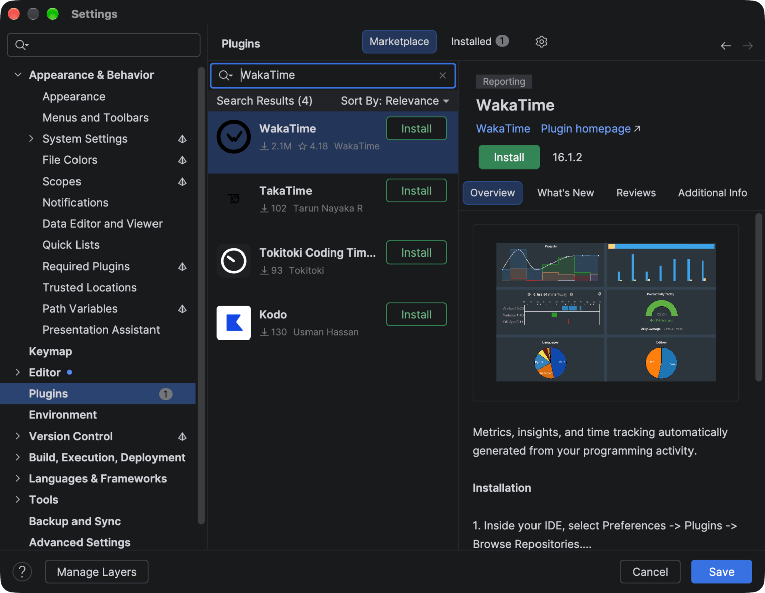 Rider Settings on the Plugins Marketplace tab with WakaTime in the search results